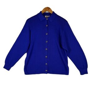 St John by Marie Gray Knit Button Up Collared‎ Cardigan Sweater Blue Size 10 Vtg